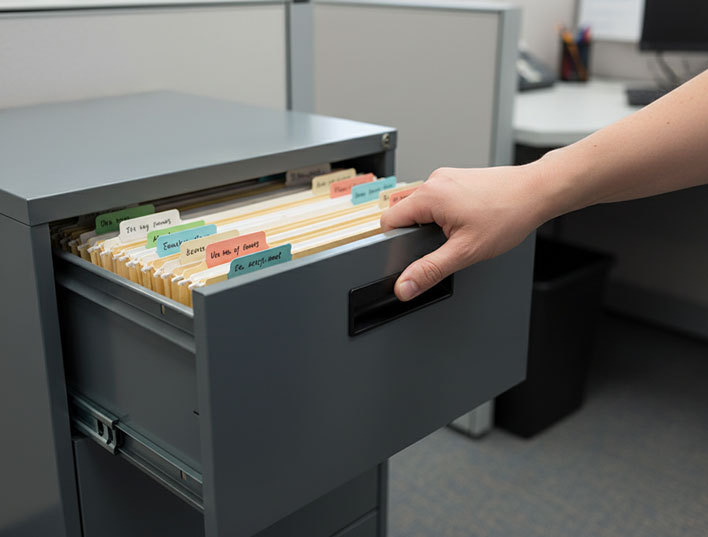 Person opening filing cabinet