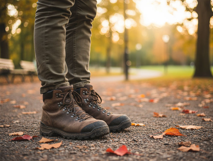 A person standing on a park path in boots