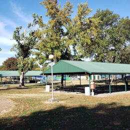 Ray Fosse Park wide shot of two pavilions and park